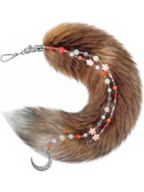 Women's Red Sun 11.8 Inch Fluffy Therian Fox Tail Keychain and Beaded Pendant